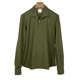 Green grenadine-knit cotton long-sleeve polo shirt, one-piece collar (restock)
