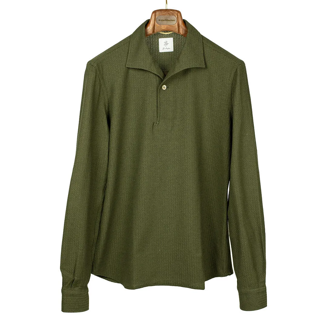 Green grenadine-knit cotton long-sleeve polo shirt, one-piece collar (restock)
