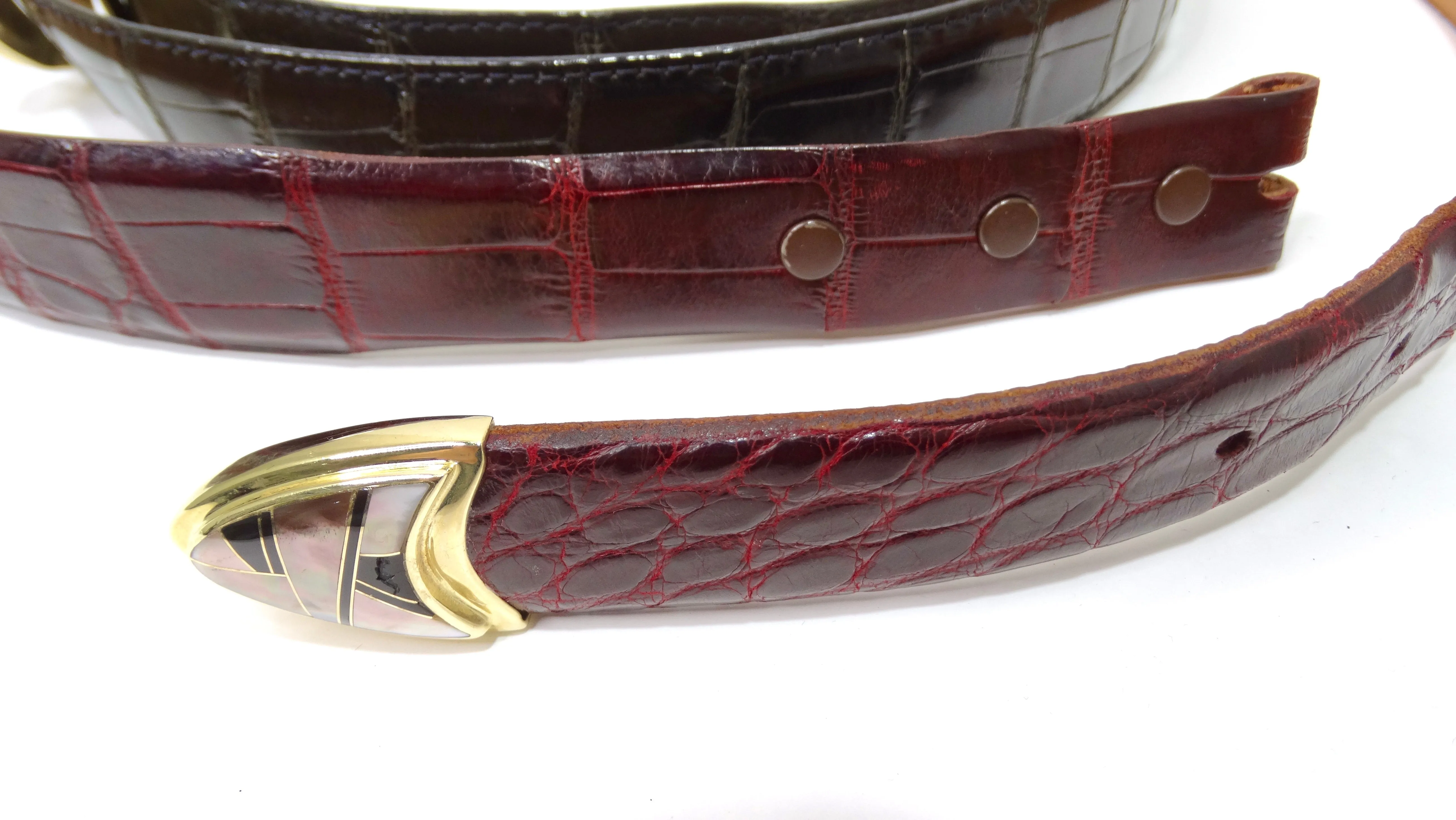 Handmade Solid Gold Buckle with Mother of Pearl Inlay - Set of Two Straps