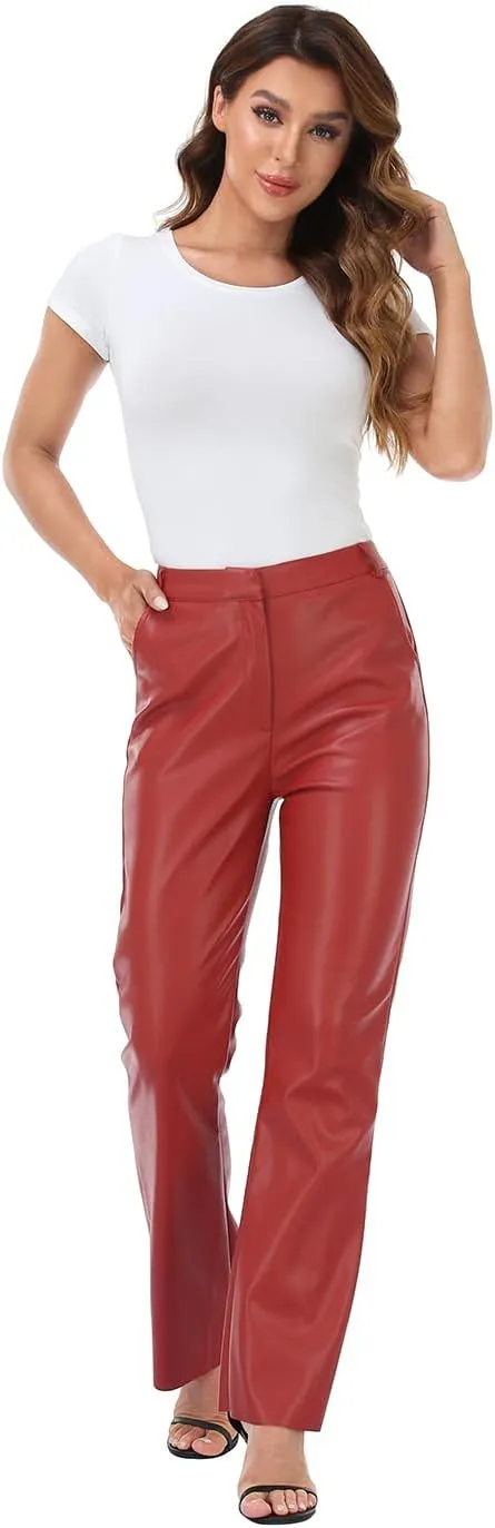 HDE Women's Faux Leather Pants High Waisted Straight Leg Trousers with Pockets