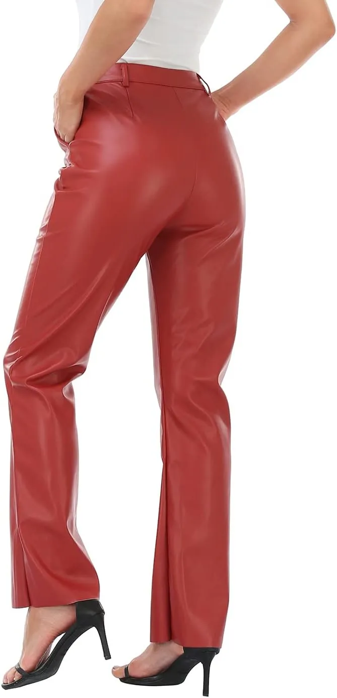 HDE Women's Faux Leather Pants High Waisted Straight Leg Trousers with Pockets