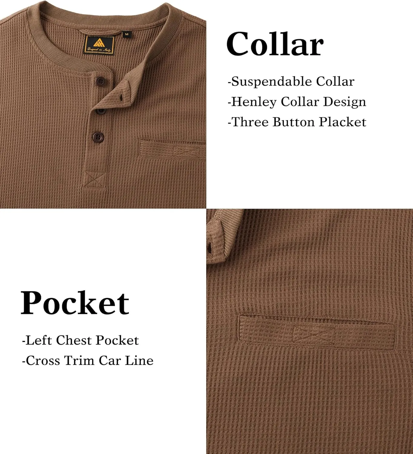 Henley Long Sleeve Shirts for Men Waffle Thermal Fashion Casual Tee Shirt Three Button Pullover with Pocket