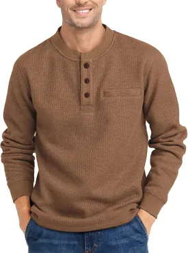 Henley Long Sleeve Shirts for Men Waffle Thermal Fashion Casual Tee Shirt Three Button Pullover with Pocket