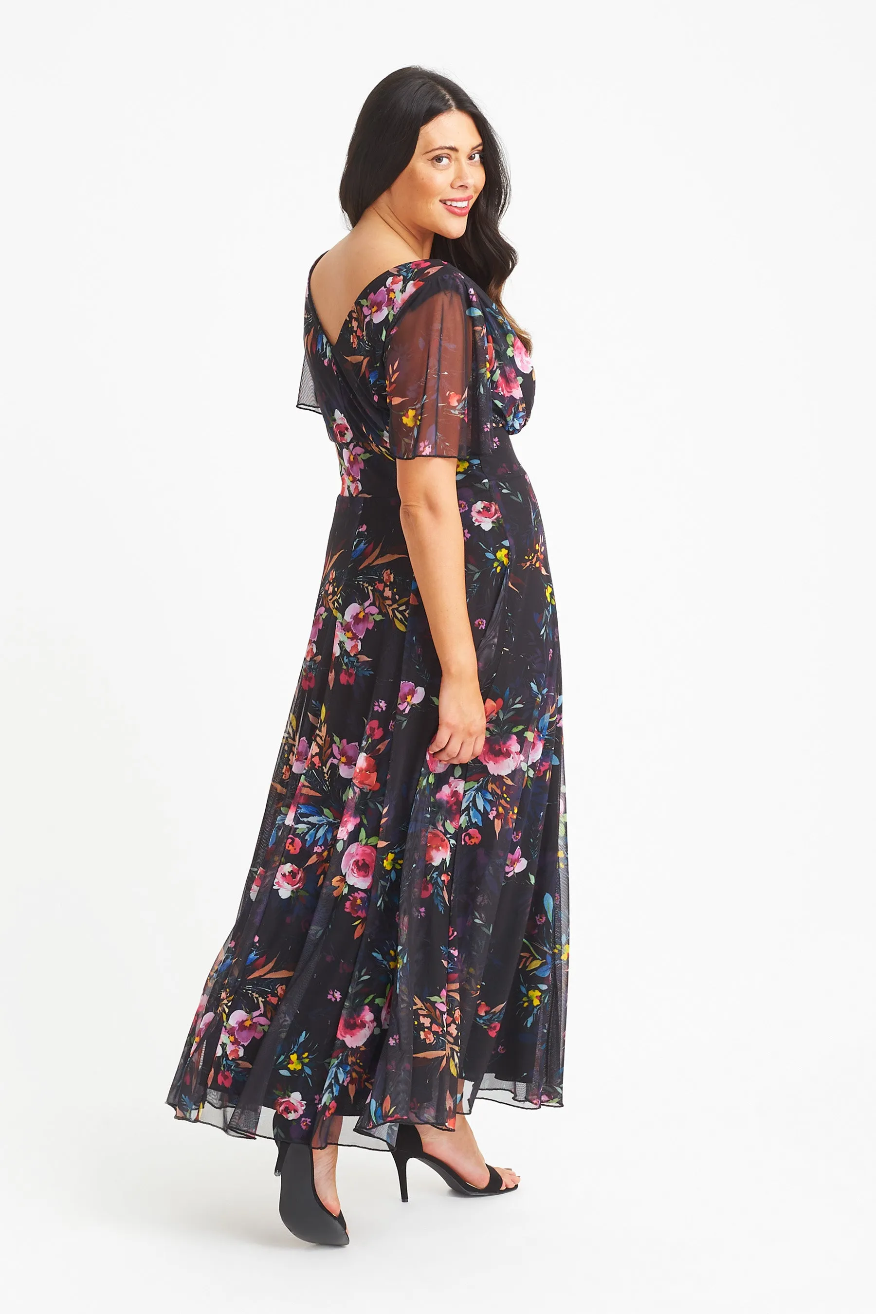 Isabelle Black Pink Multi Print Float Sleeve Maxi Dress