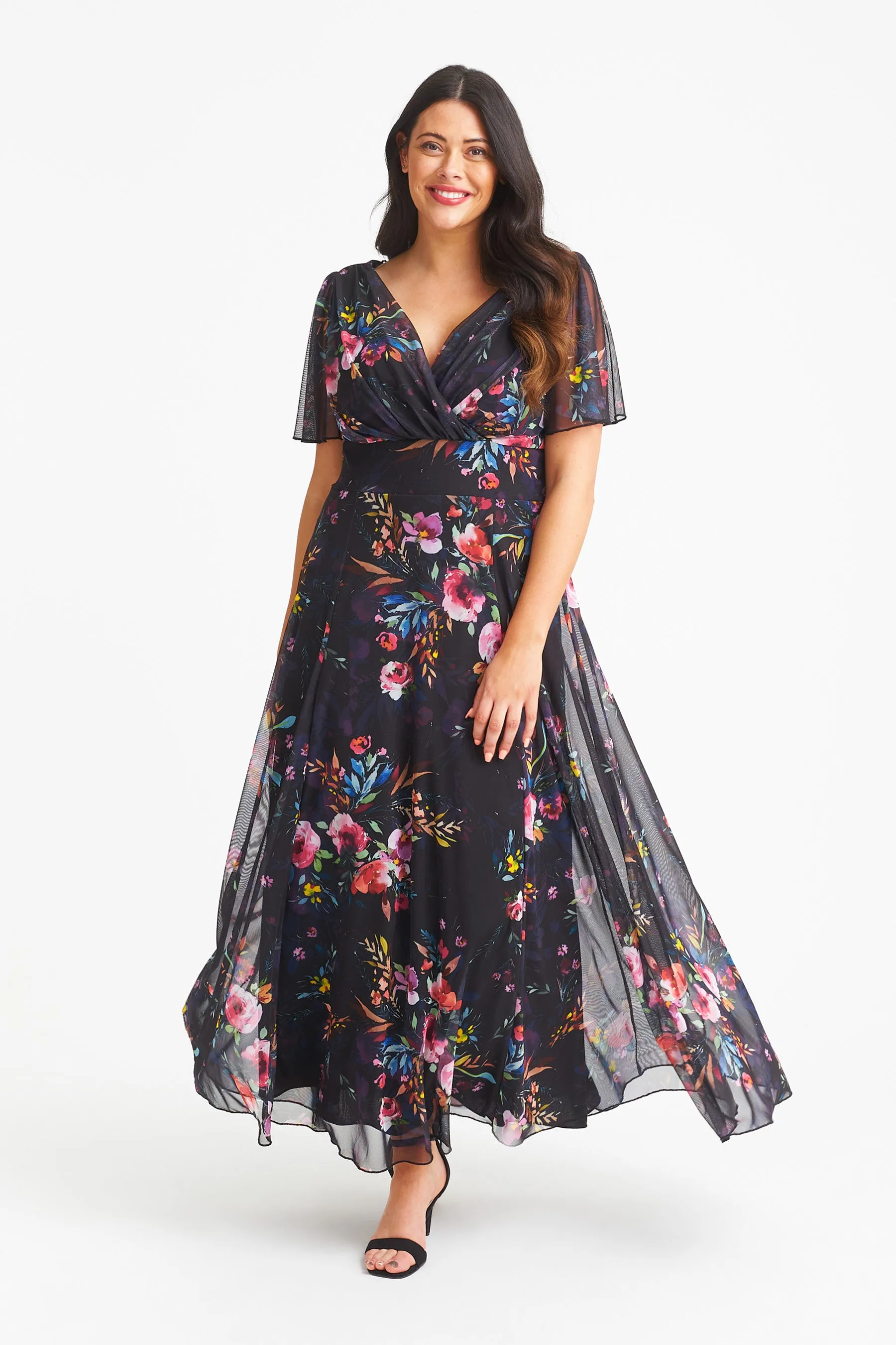 Isabelle Black Pink Multi Print Float Sleeve Maxi Dress