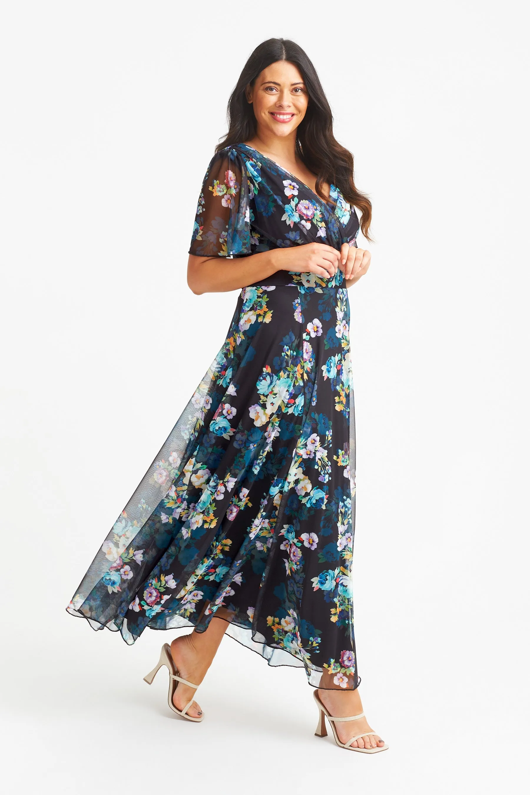Isabelle Black Teal Multi Float Sleeve Maxi Dress