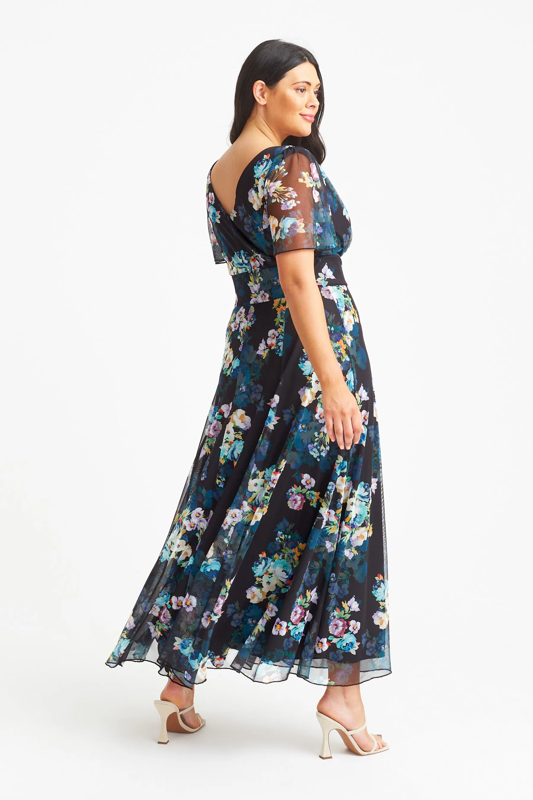 Isabelle Black Teal Multi Float Sleeve Maxi Dress