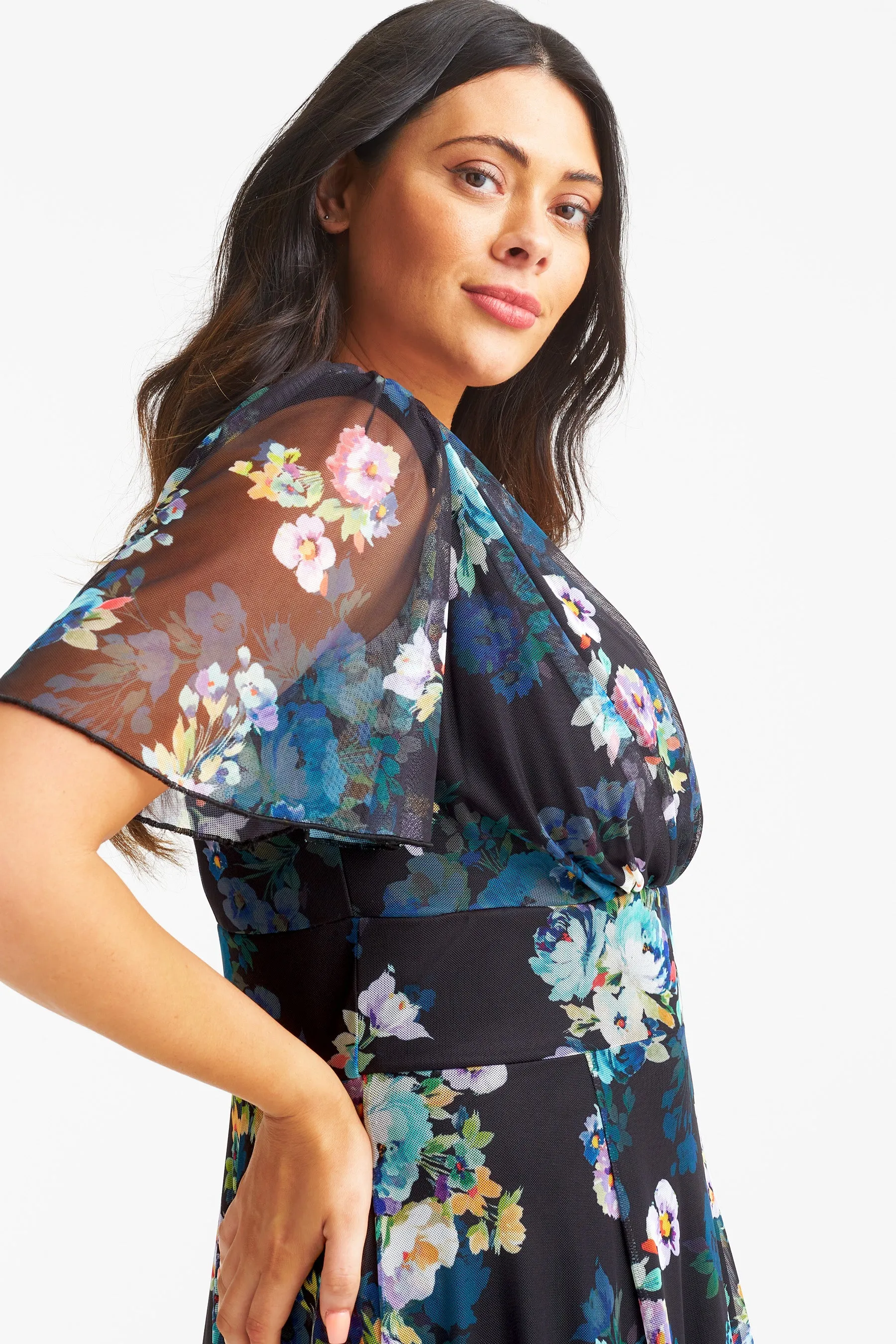 Isabelle Black Teal Multi Float Sleeve Maxi Dress