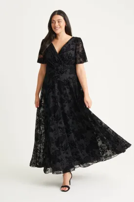 Isabelle Black Velvet Flock Angel Sleeve Maxi Dress