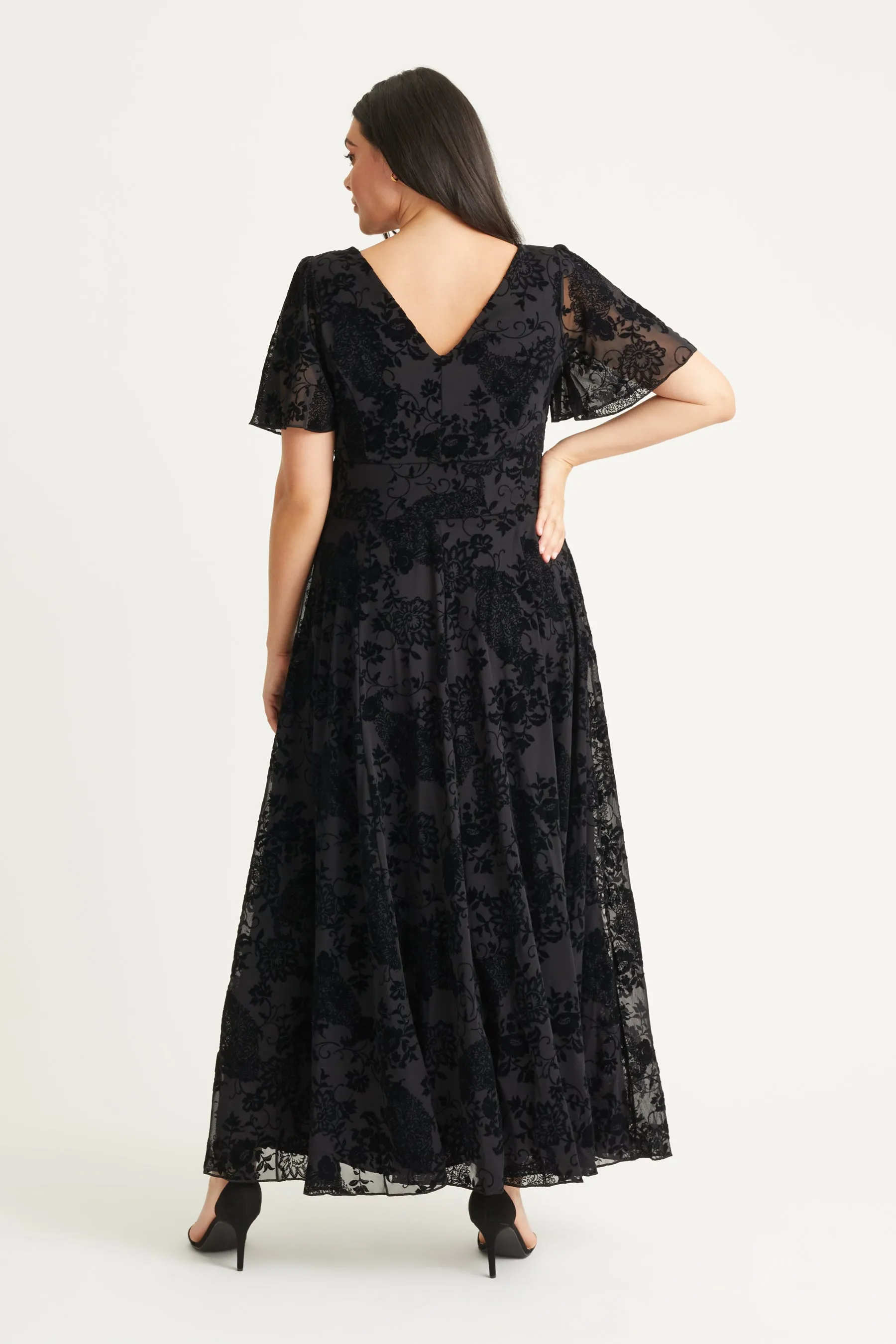Isabelle Black Velvet Flock Angel Sleeve Maxi Dress