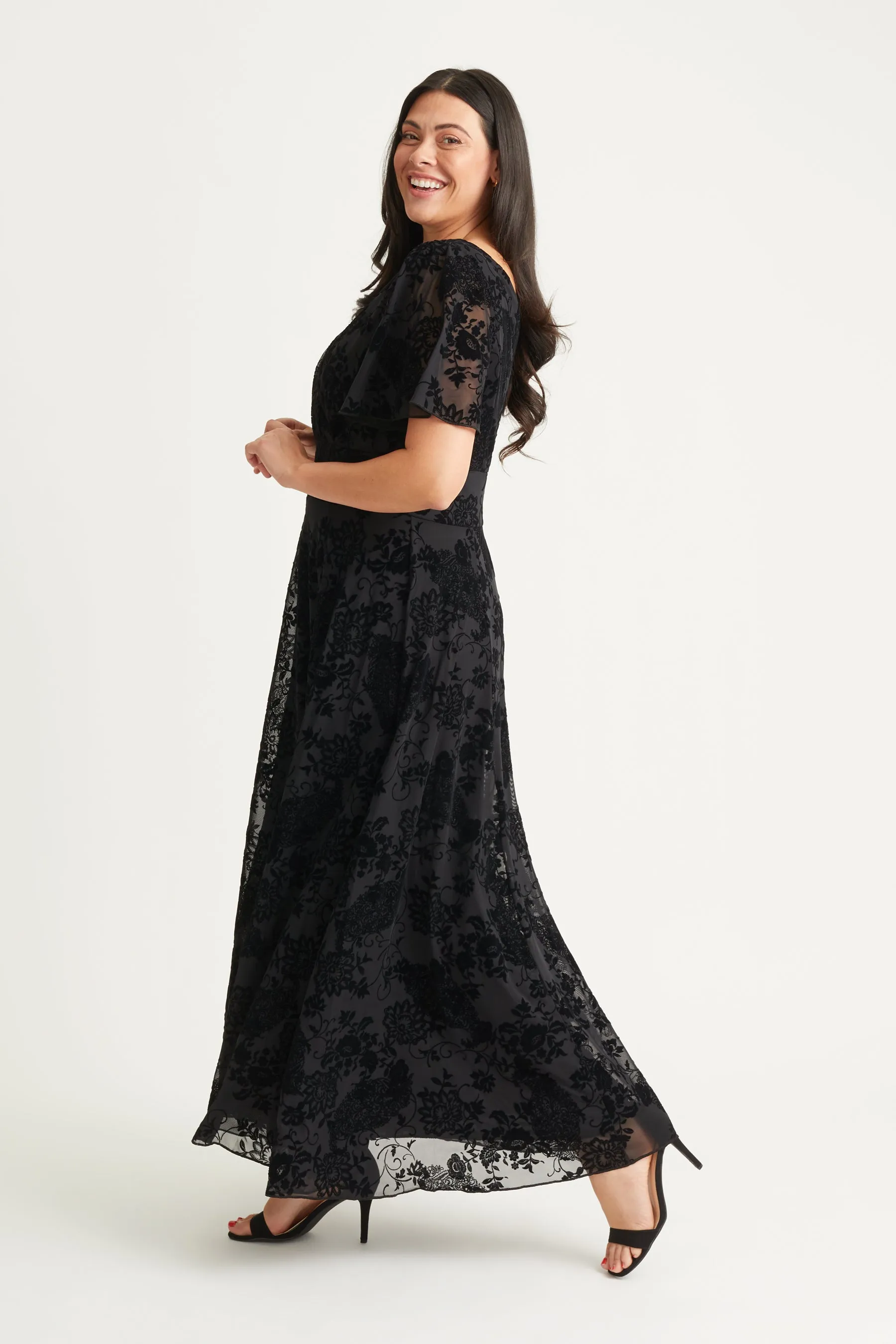 Isabelle Black Velvet Flock Angel Sleeve Maxi Dress
