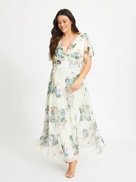 Isabelle Cream Teal Float Sleeve Maxi Dress