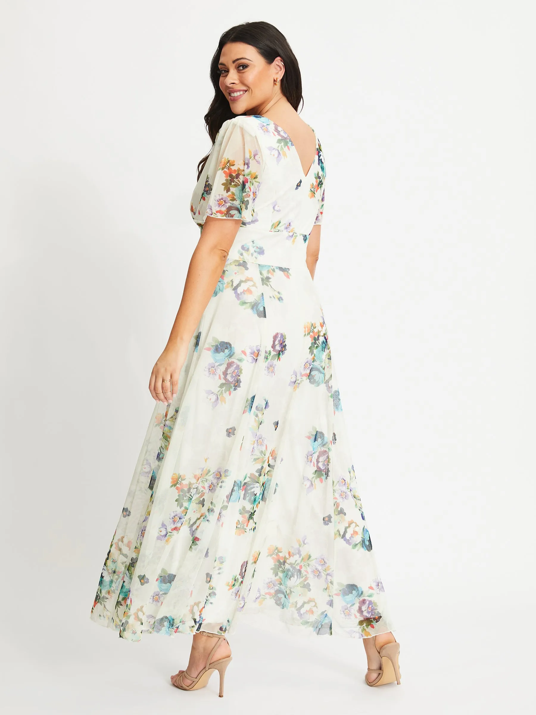 Isabelle Cream Teal Float Sleeve Maxi Dress