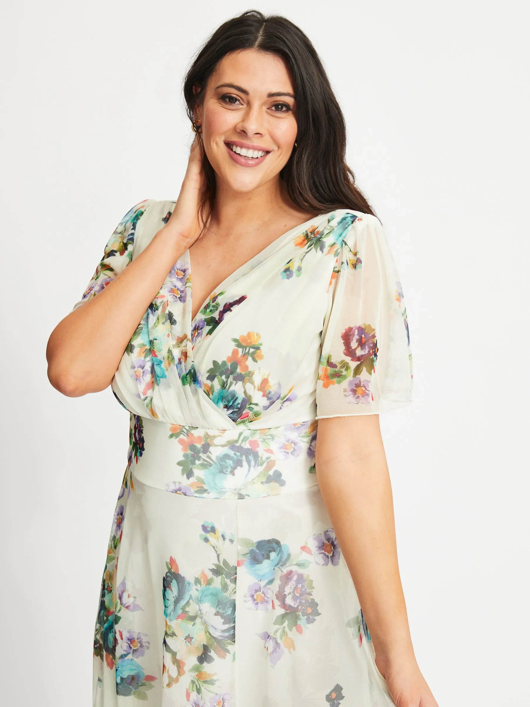 Isabelle Cream Teal Float Sleeve Maxi Dress