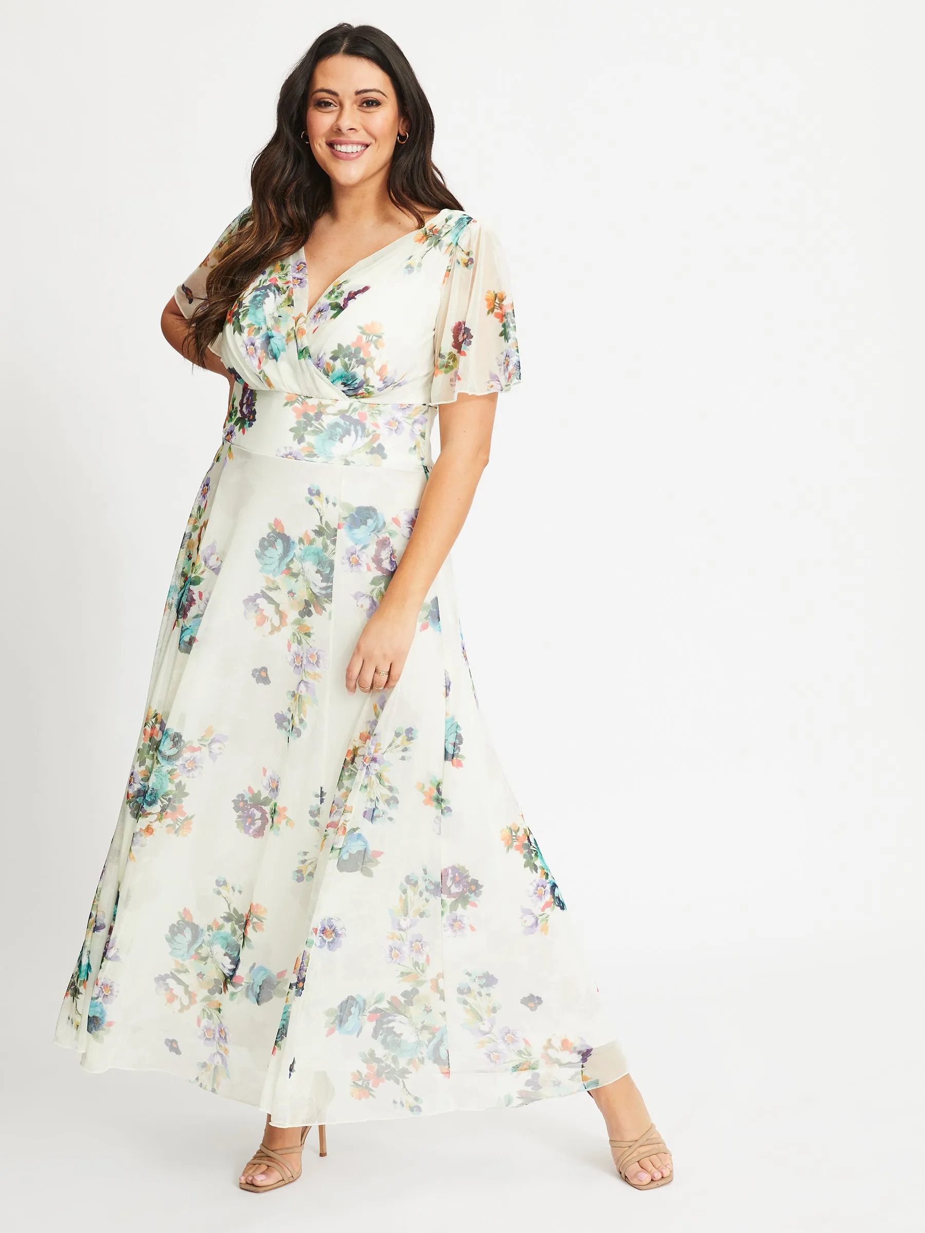 Isabelle Cream Teal Float Sleeve Maxi Dress