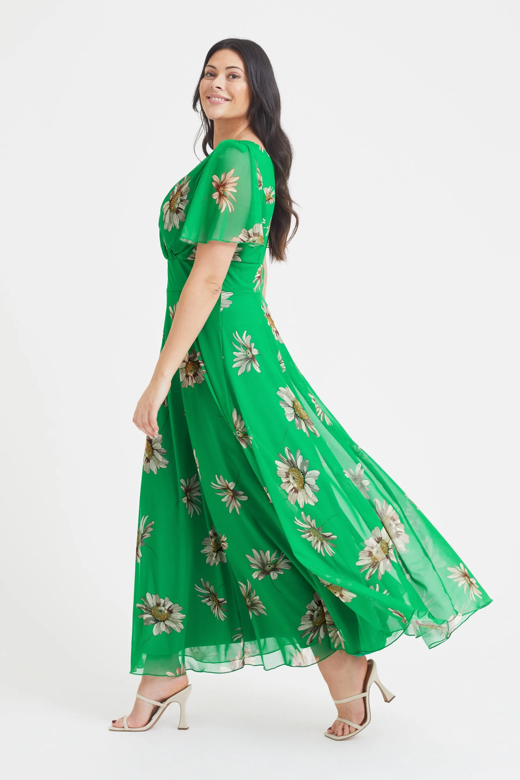 Isabelle Green Sunflower Float Sleeve Maxi Dress