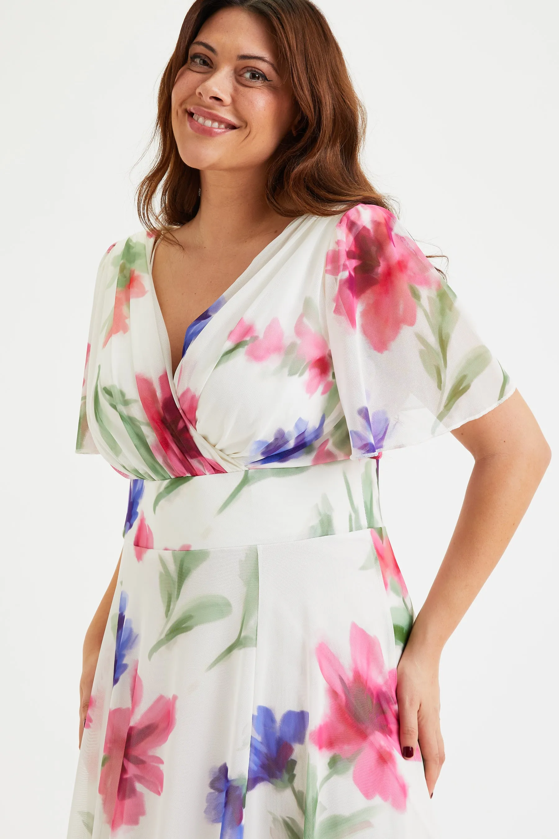 Isabelle Ivory Pink Blue Float Sleeve Maxi Dress