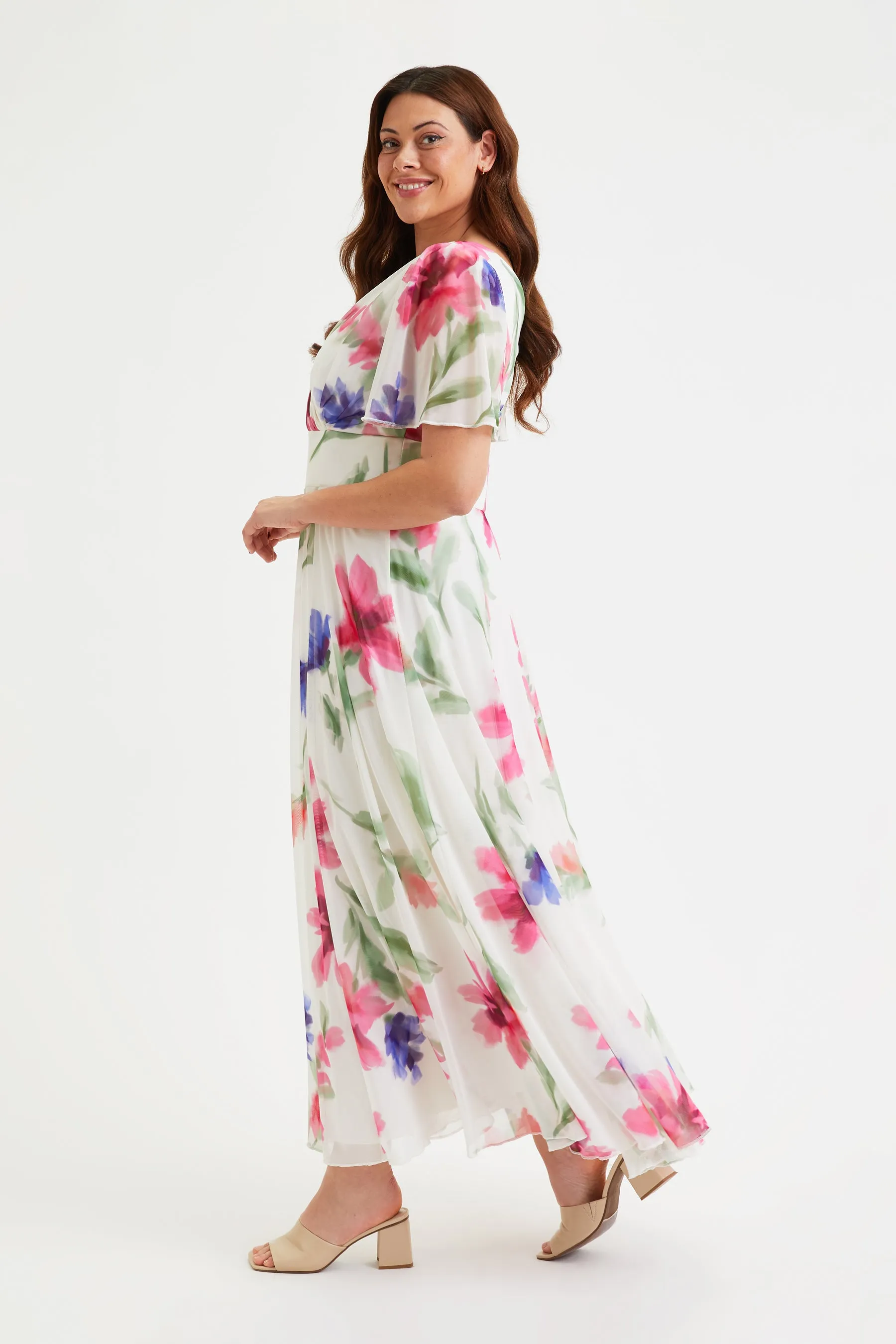 Isabelle Ivory Pink Blue Float Sleeve Maxi Dress