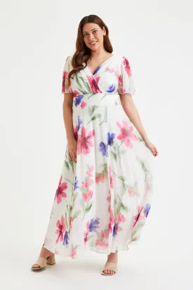 Isabelle Ivory Pink Blue Float Sleeve Maxi Dress
