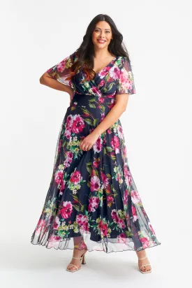 Isabelle Navy Cerise Print Float Sleeve Maxi Dress