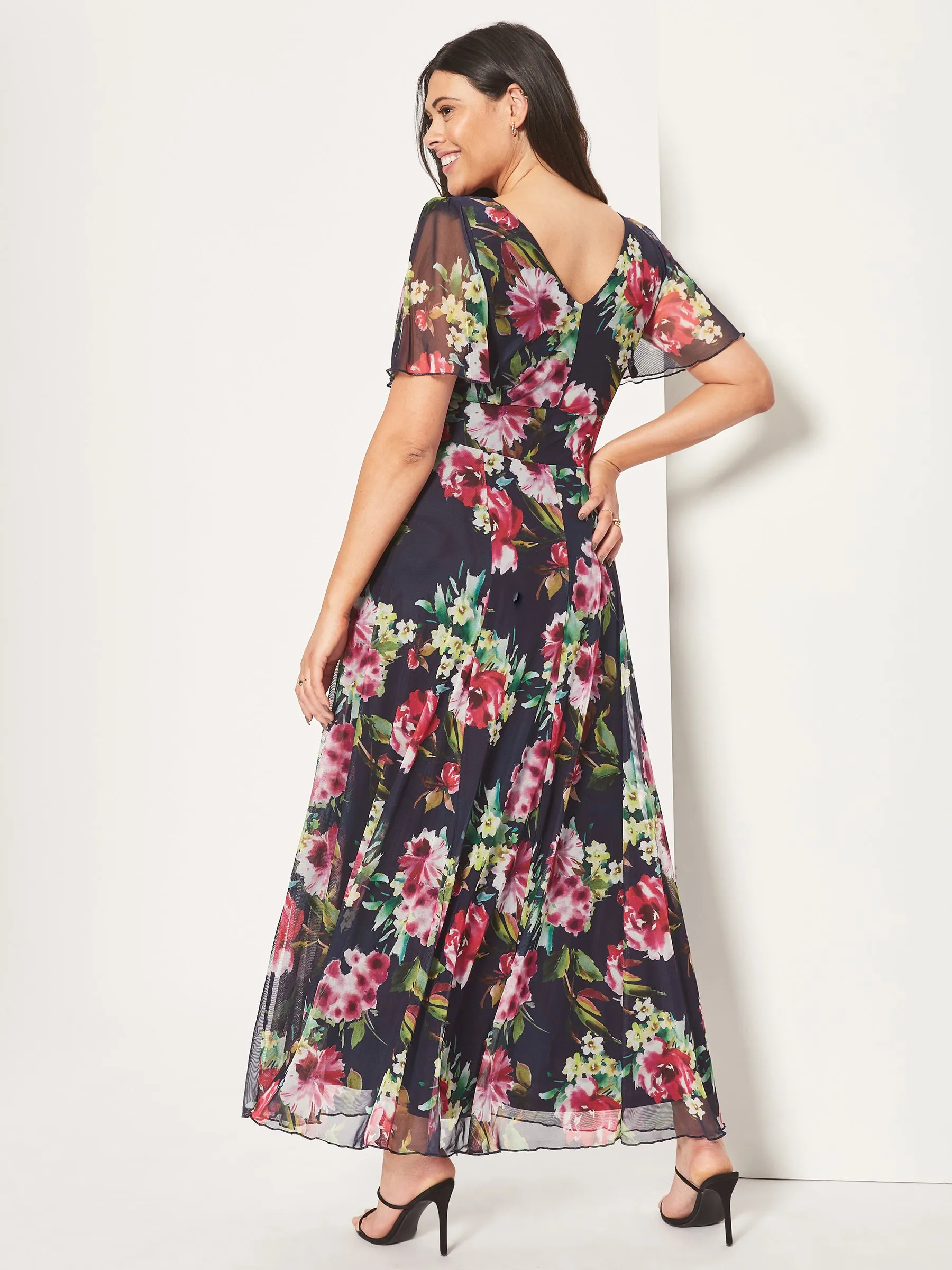 Isabelle Navy Cerise Print Float Sleeve Maxi Dress