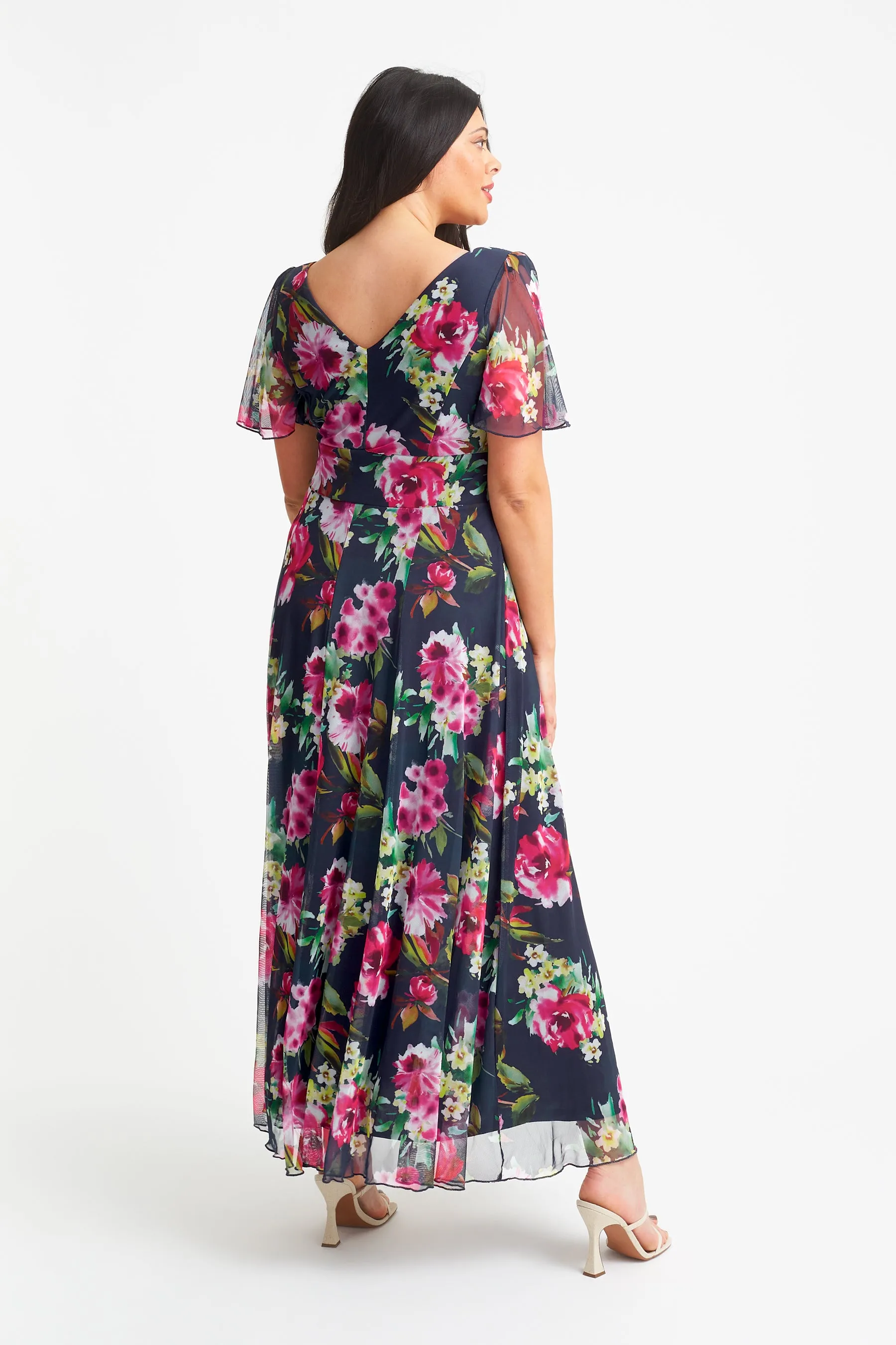 Isabelle Navy Cerise Print Float Sleeve Maxi Dress