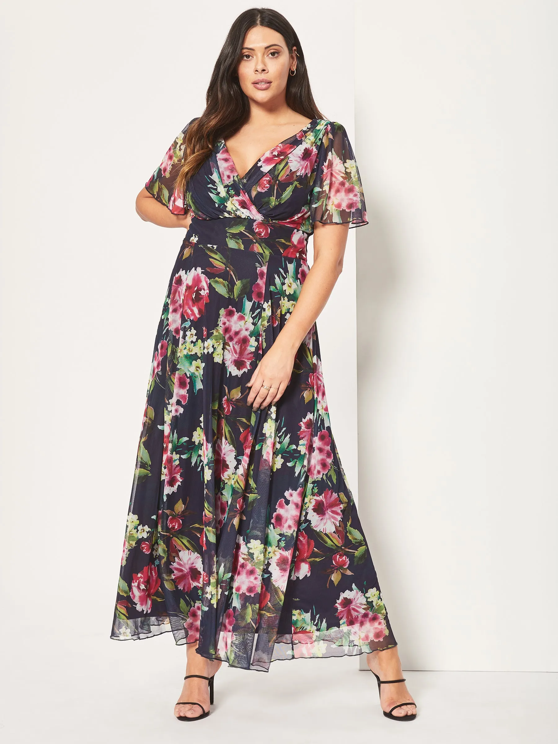 Isabelle Navy Cerise Print Float Sleeve Maxi Dress