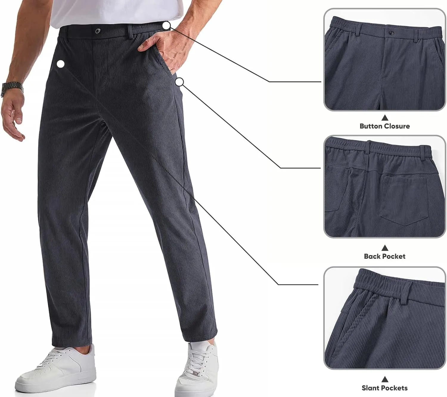 JMIERR Mens Casual Corduroy Pants Flat Front Elastic Waistband Stretch Straight Leg Slim Fit Dress Pant with Pockets