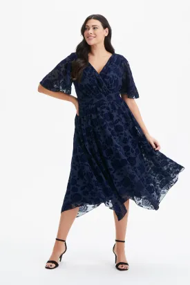 Julie Dark Navy Velvet Flock Hanky Hem Dress