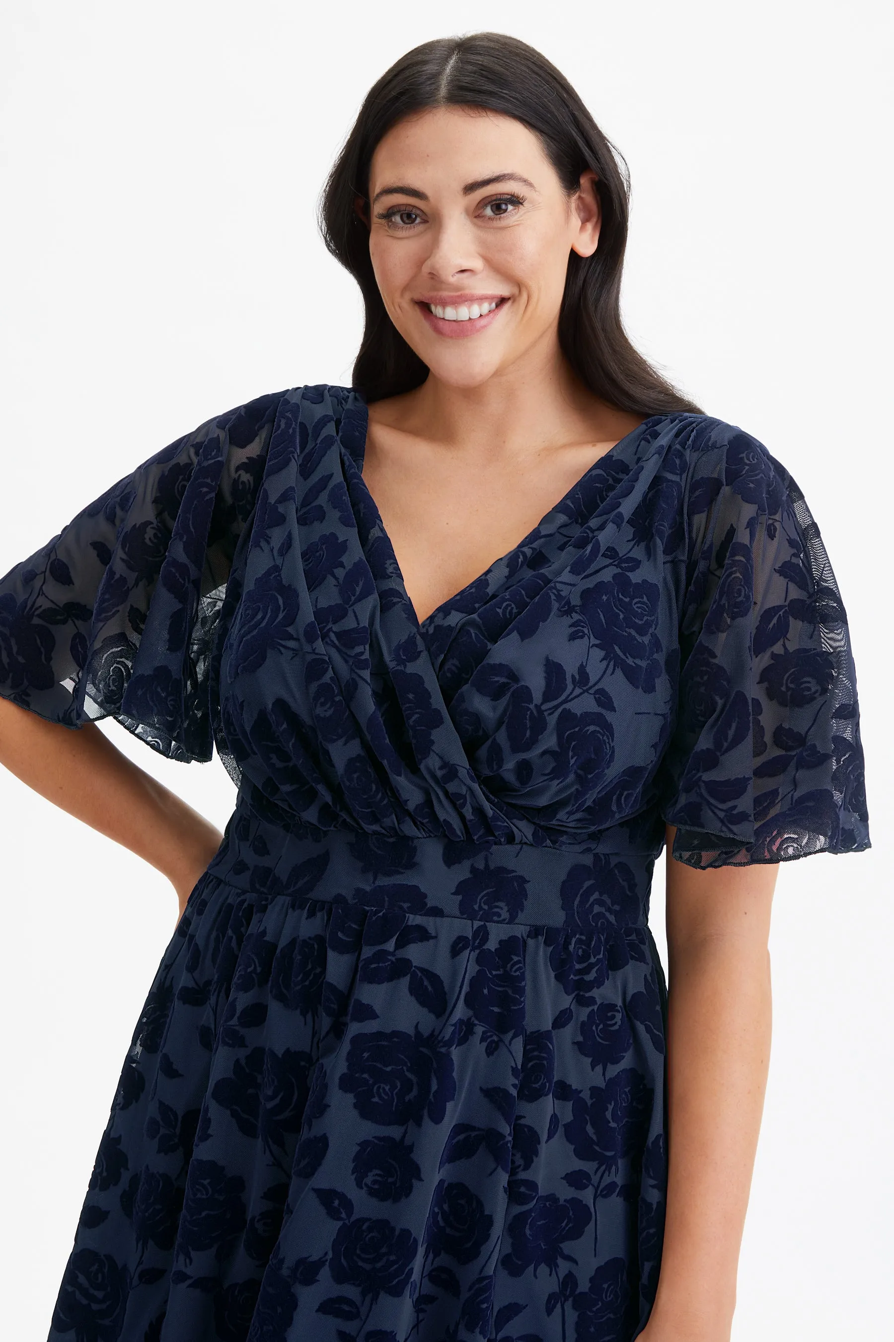 Julie Dark Navy Velvet Flock Hanky Hem Dress