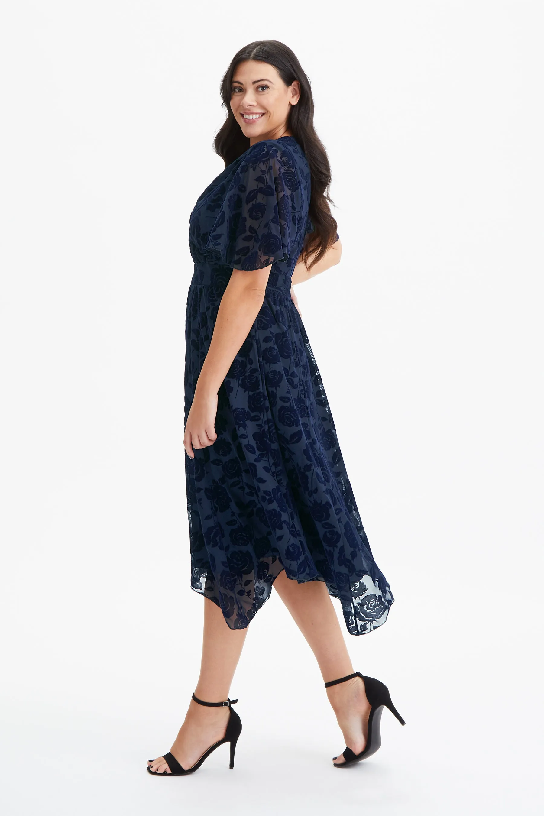 Julie Dark Navy Velvet Flock Hanky Hem Dress