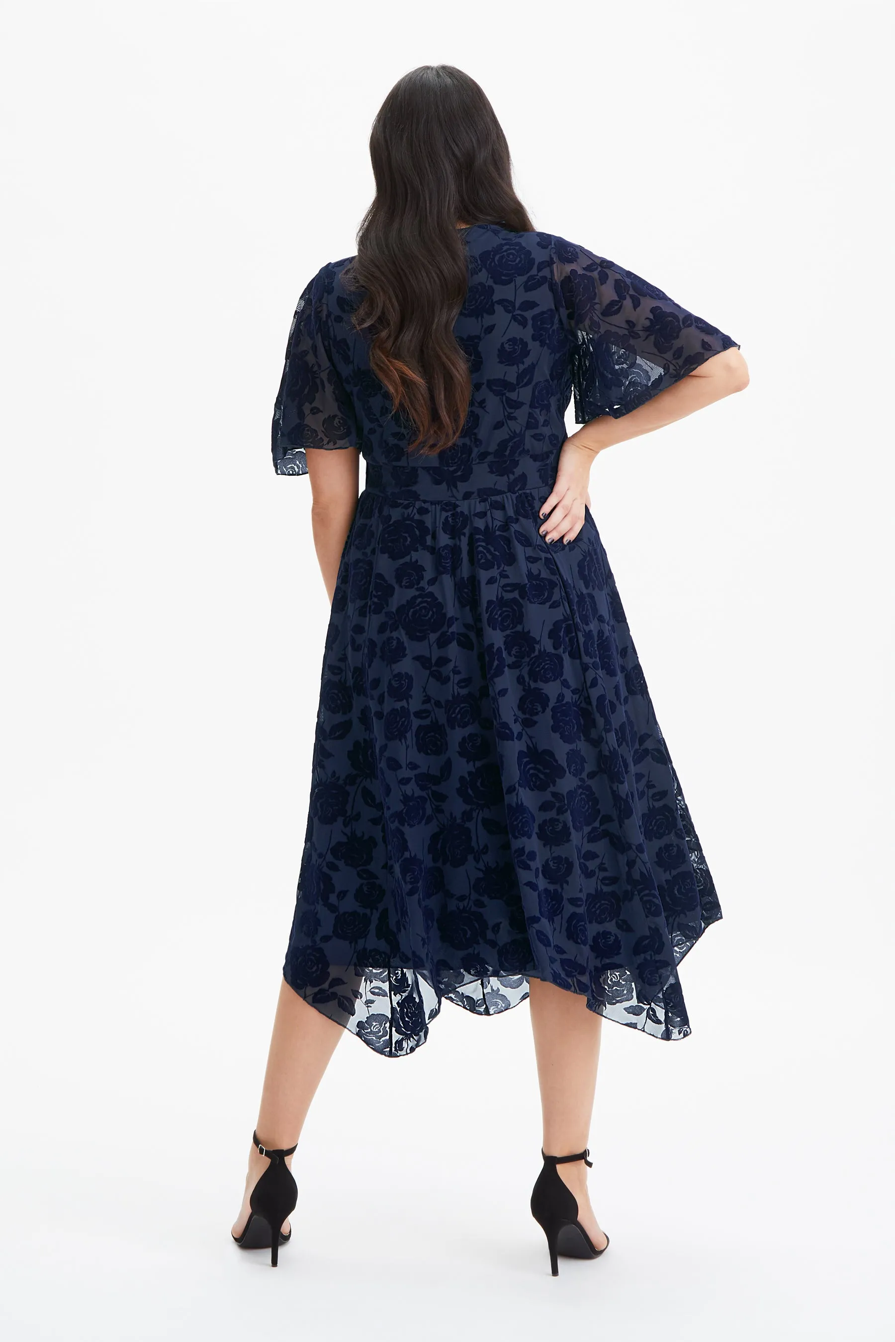 Julie Dark Navy Velvet Flock Hanky Hem Dress