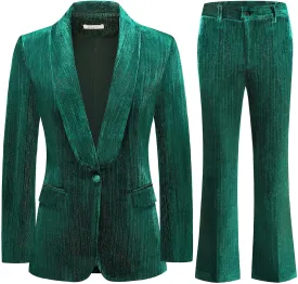 Lamgool Women Pantsuit Dressy Silver Thread Velvet 2 Piece Suit Set Blazer and Flared Pants