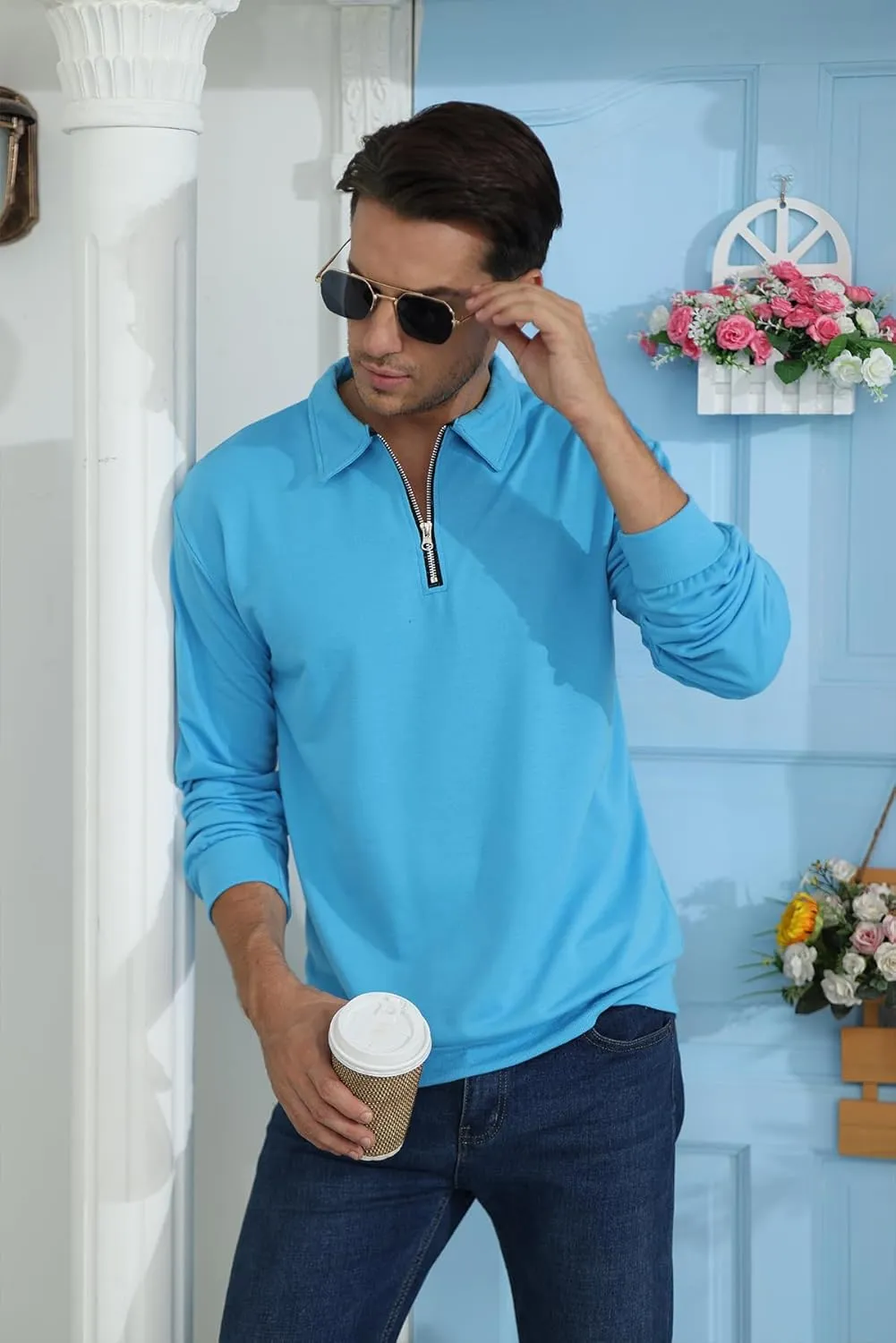 Lexiart Mens Long Sleeve Polo Shirts-Casual Thermal Loose Fit Pullover Quarter Zip Sweatshirts