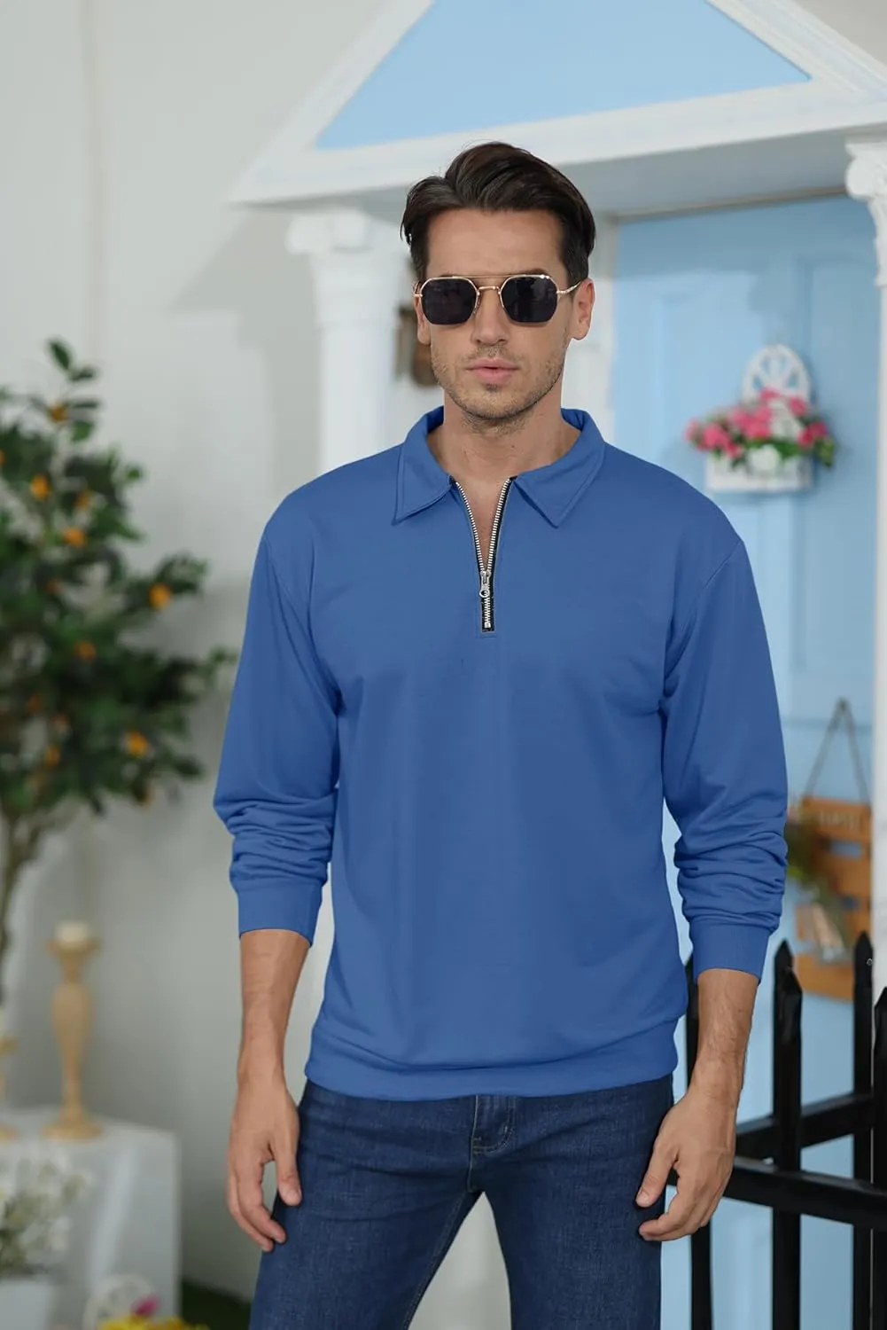 Lexiart Mens Long Sleeve Polo Shirts-Casual Thermal Loose Fit Pullover Quarter Zip Sweatshirts