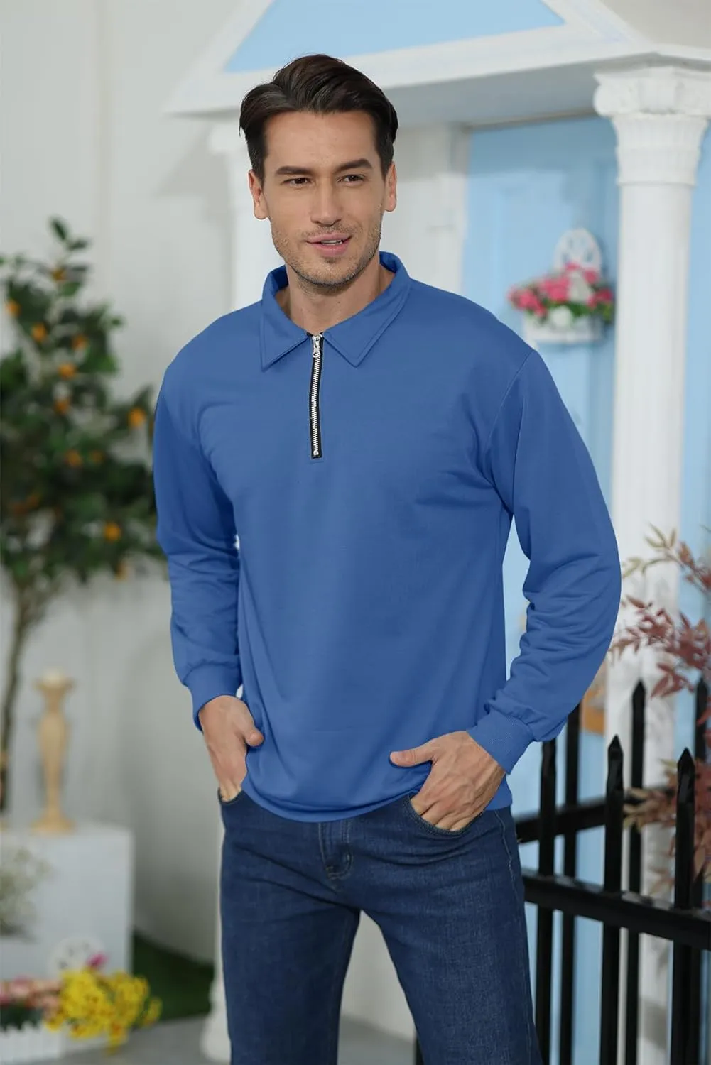 Lexiart Mens Long Sleeve Polo Shirts-Casual Thermal Loose Fit Pullover Quarter Zip Sweatshirts