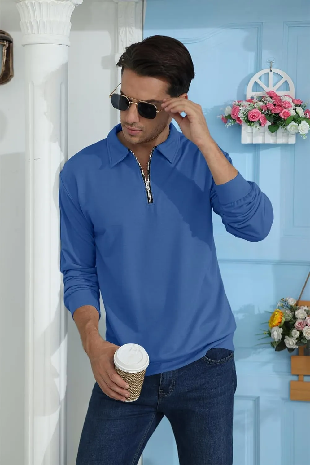 Lexiart Mens Long Sleeve Polo Shirts-Casual Thermal Loose Fit Pullover Quarter Zip Sweatshirts