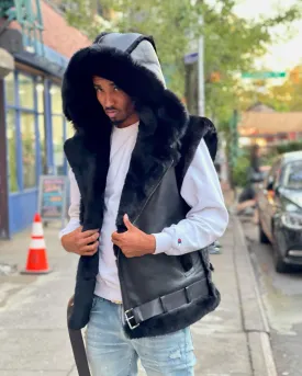 MEN SHEARLING VEST- BLACK WITH BLACK FOX HOOD