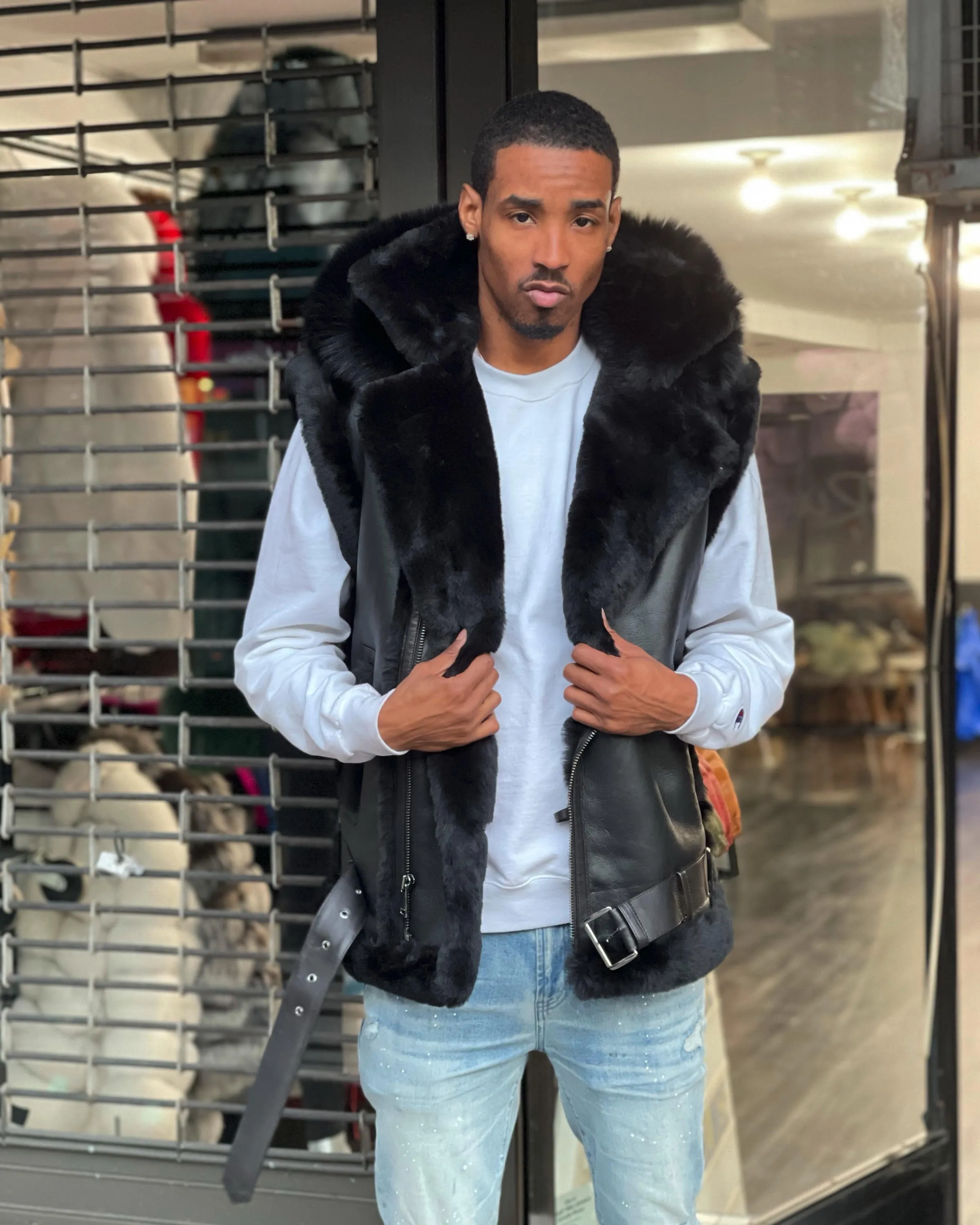 MEN SHEARLING VEST- BLACK WITH BLACK FOX HOOD
