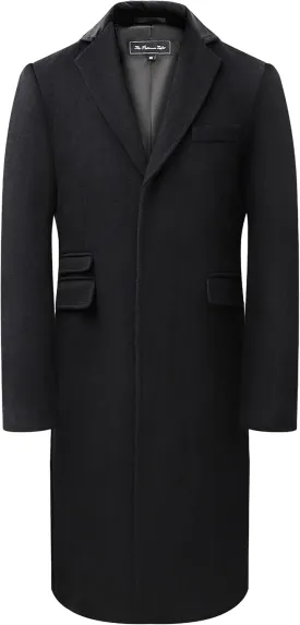 Mens Black Overcoat Wool & Cashmere Covert Warm Winter Mod Coat Velvet Collar & Red Satin Lining