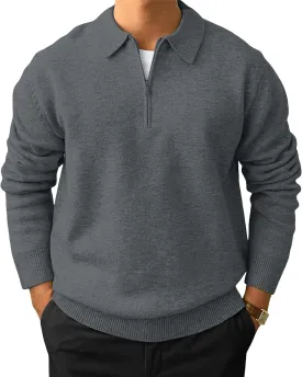 Men's Casual Knit Polo Sweater Classic Long Sleeve Thermal Basic Zip Collar Shirts