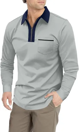 Men's Long Sleeve Polo Shirt Casual Zip Polo Shirt Classic Collared Golf Shirt with Pocket