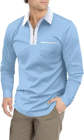 Men's Long Sleeve Polo Shirt Casual Zip Polo Shirt Classic Collared Golf Shirt with Pocket