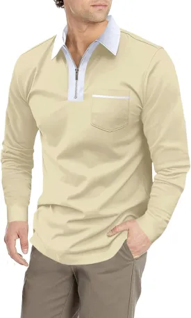 Men's Long Sleeve Polo Shirt Casual Zip Polo Shirt Classic Collared Golf Shirt with Pocket