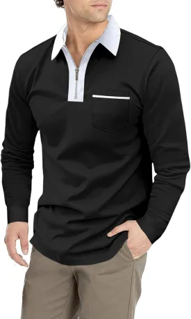 Men's Long Sleeve Polo Shirt Casual Zip Polo Shirt Classic Collared Golf Shirt with Pocket