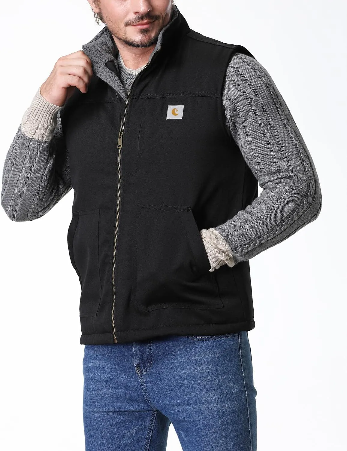 Men's Loose Fit Workwear Vest Fleece-Lined Durability Waterproof Mock-Neck Vest