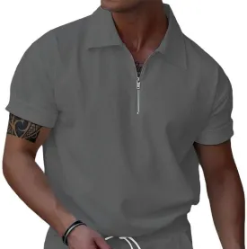 Mens Polo Shirts Casual Quarter Zip up Corduroy Ribbed Polo T Shirts Summer Short Sleeve Lightweight Golf Shirts
