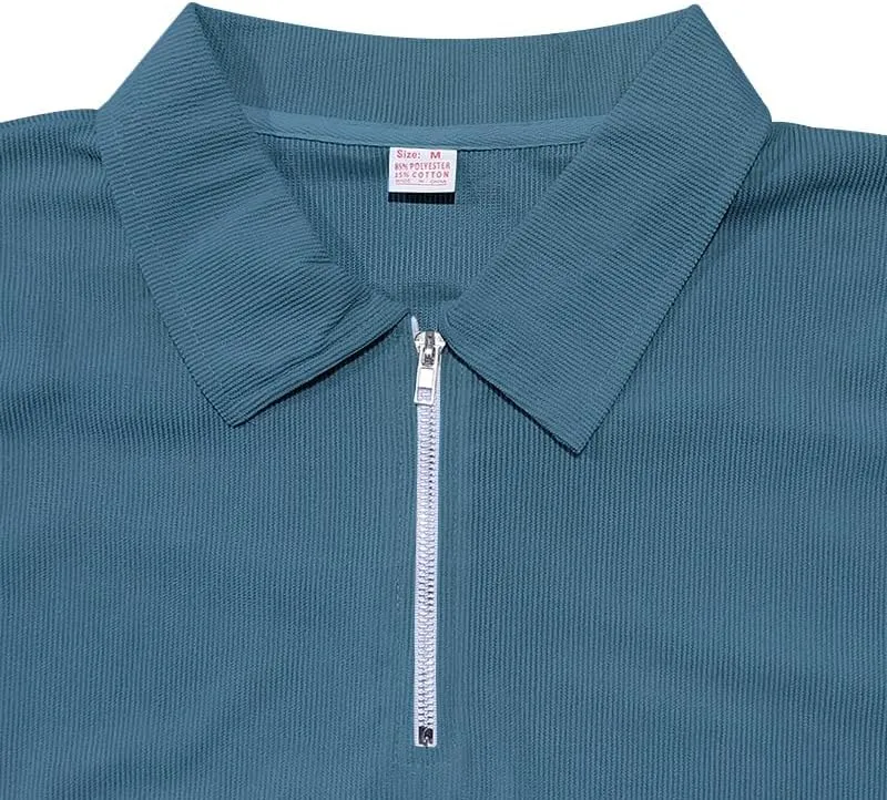 Mens Polo Shirts Casual Quarter Zip up Corduroy Ribbed Polo T Shirts Summer Short Sleeve Lightweight Golf Shirts