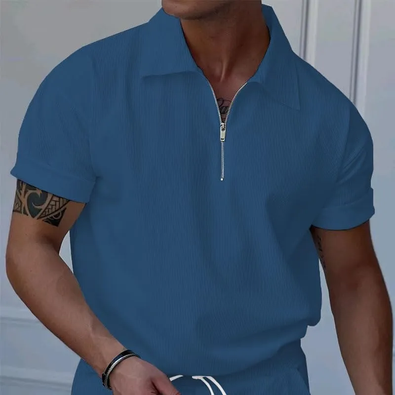 Mens Polo Shirts Casual Quarter Zip up Corduroy Ribbed Polo T Shirts Summer Short Sleeve Lightweight Golf Shirts
