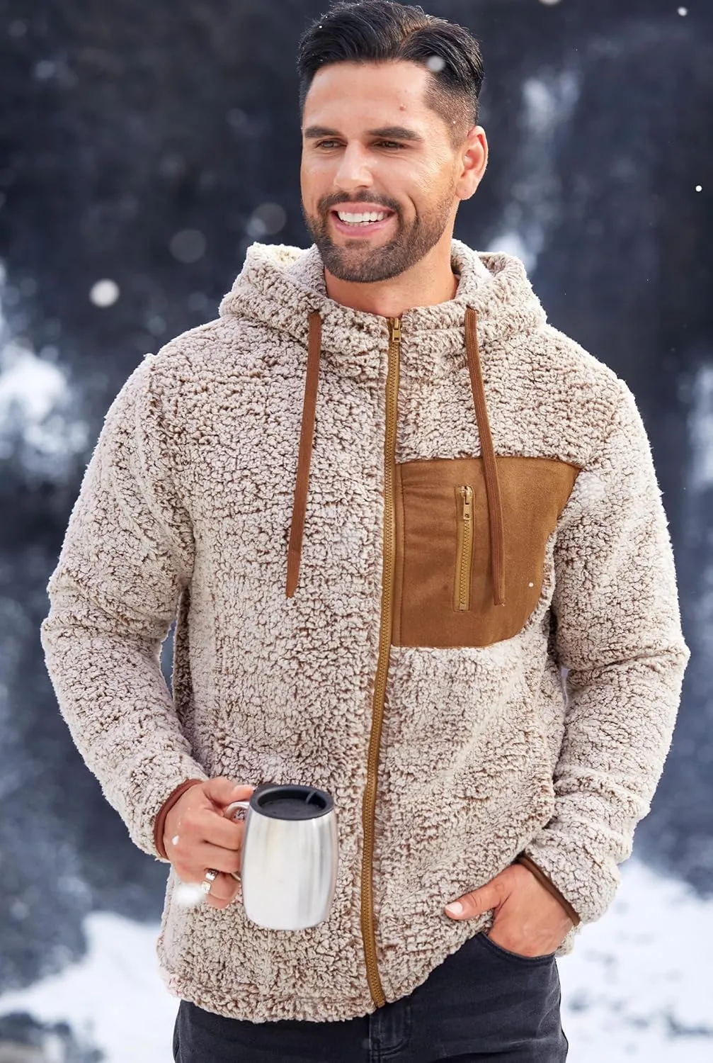 Men's Sherpa Zipper Hoodie Fuzzy Fleece Jacket Color Block Thermal Cardigan with Pockets (S-XXL)
